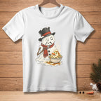 Melting snowman in top hat and scarf eating mashed potatoes with a fork.