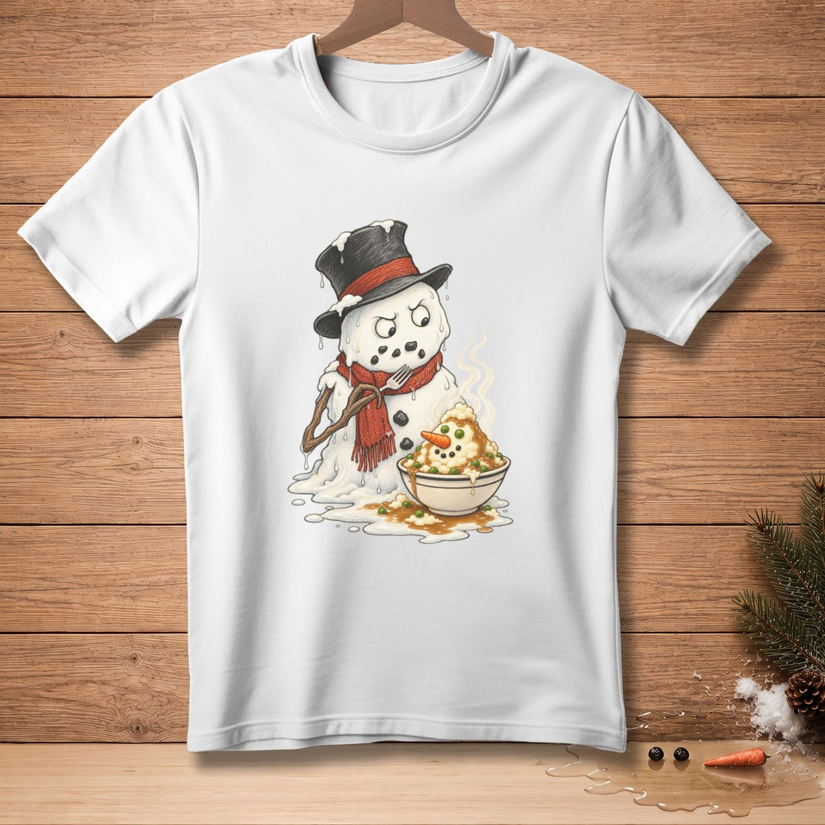 Melting snowman in top hat and scarf eating mashed potatoes with a fork.