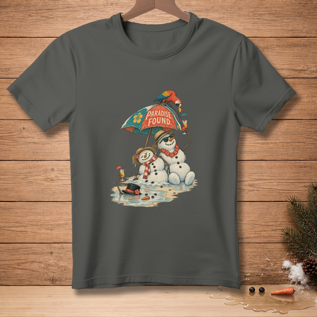 Two snowmen on a beach under an umbrella with text "PARADISE FOUND".