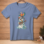 Melting snowman with sunglasses and scarf playing ukulele, parrot singing on head.