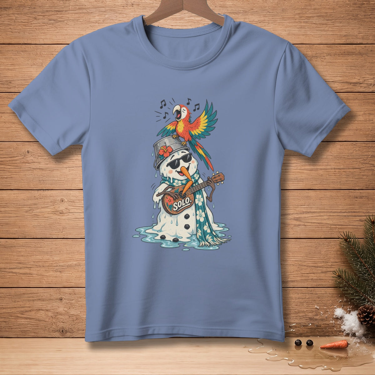 Melting snowman with sunglasses and scarf playing ukulele, parrot singing on head.