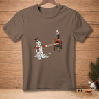 Melting snowman wearing top hat uses paddle labeled "SAFETY ZONE" by pizza oven.