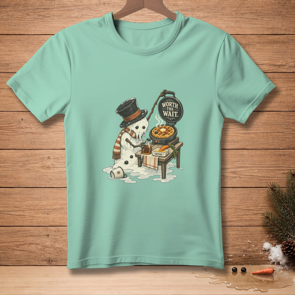 Melting snowman in top hat making waffles, text reads "Worth the Wait."