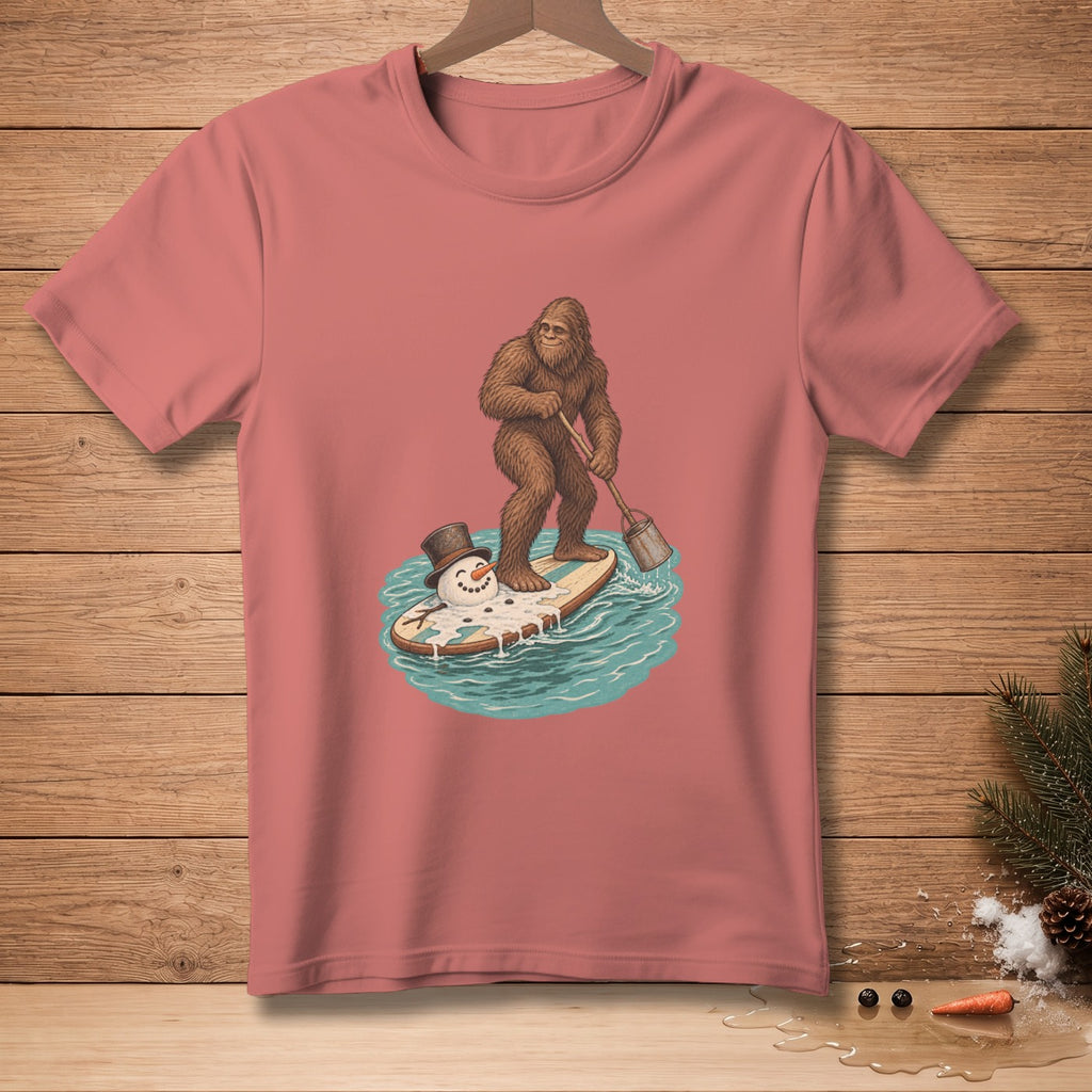 Bigfoot surfs on a surfboard with a snowman while paddling in the ocean.