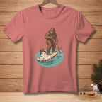 Bigfoot surfs on a surfboard with a snowman while paddling in the ocean.