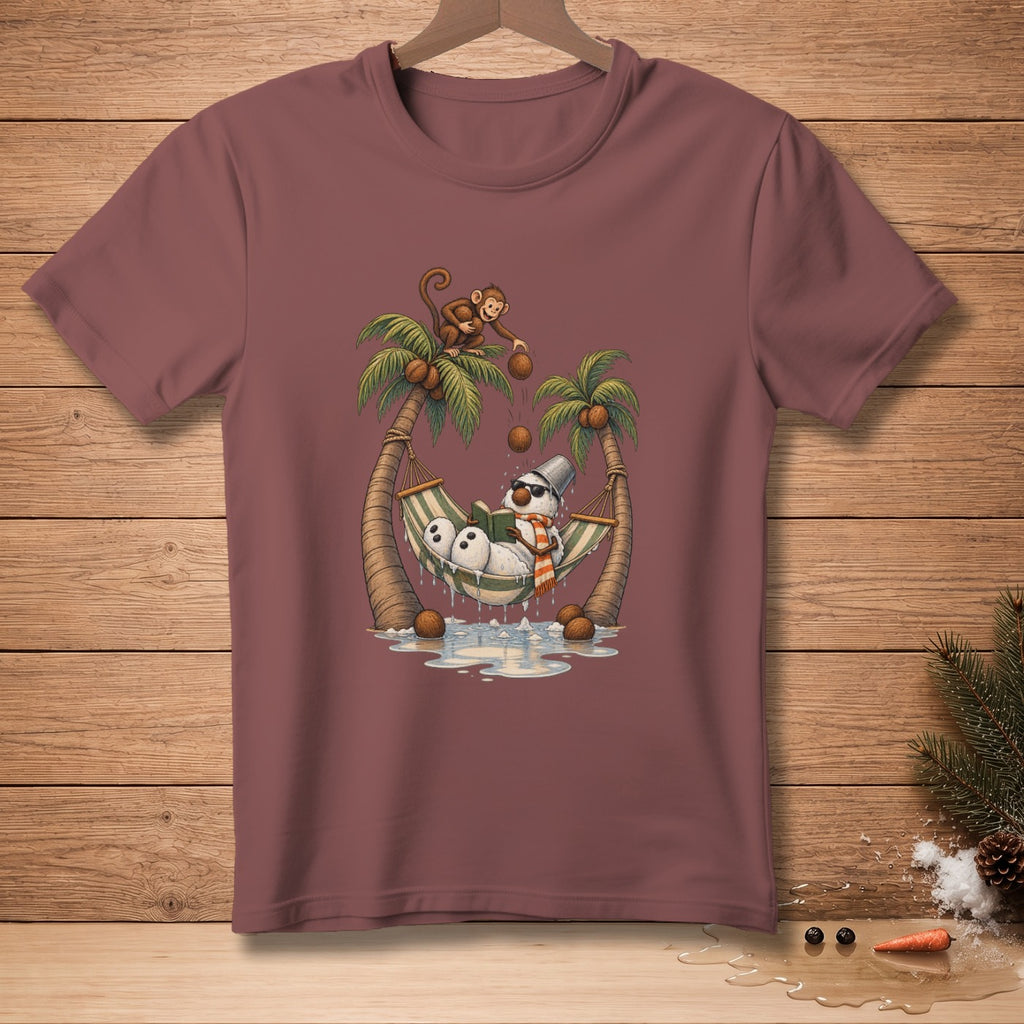 Snowman reading in a hammock between palm trees with a monkey dropping coconuts.