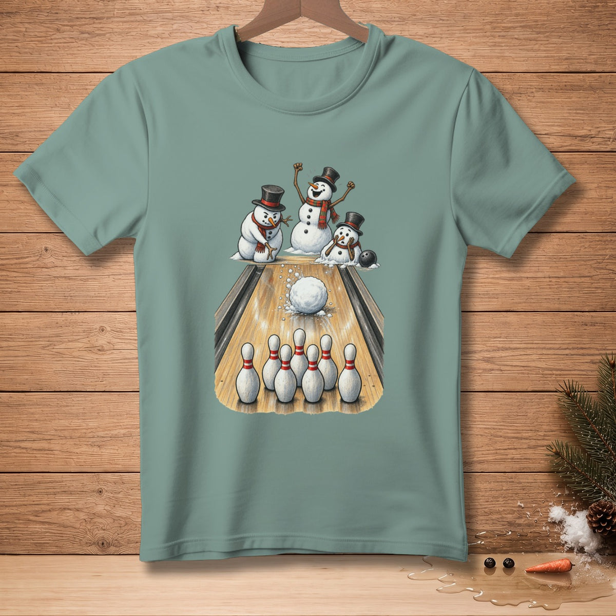 Three snowmen in top hats and scarves are playing bowling on a wooden lane with pins and a ball.
