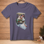 Melting snowmen in a golf cart with "SHOTGUN" license plate in the rain.