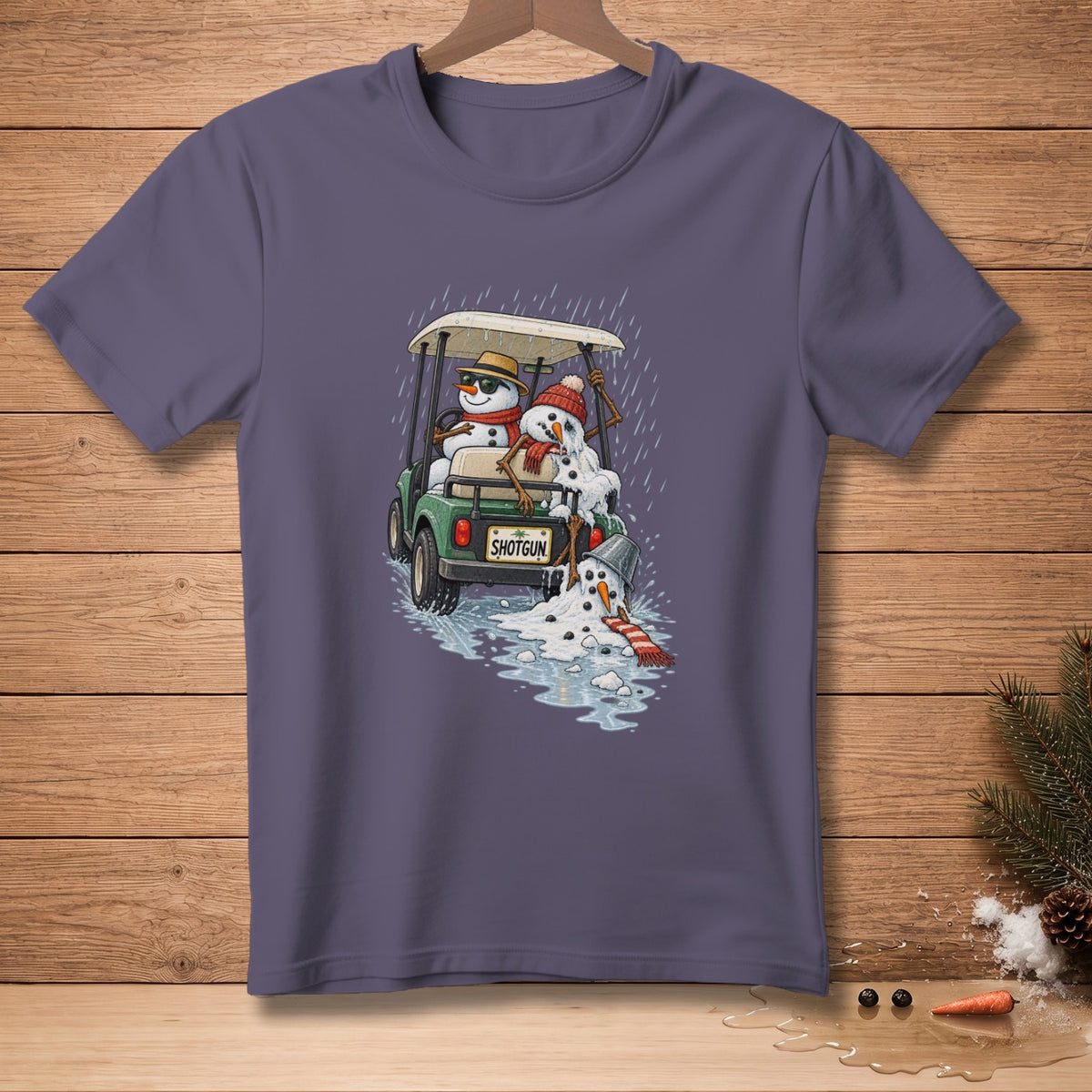 Melting snowmen in a golf cart with "SHOTGUN" license plate in the rain.