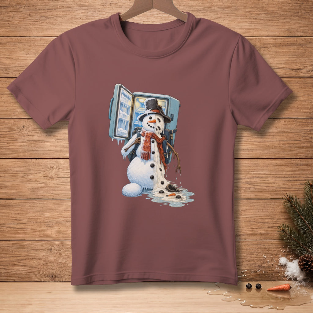 Melting snowman with scarf and hat near open freezer on maroon t-shirt.