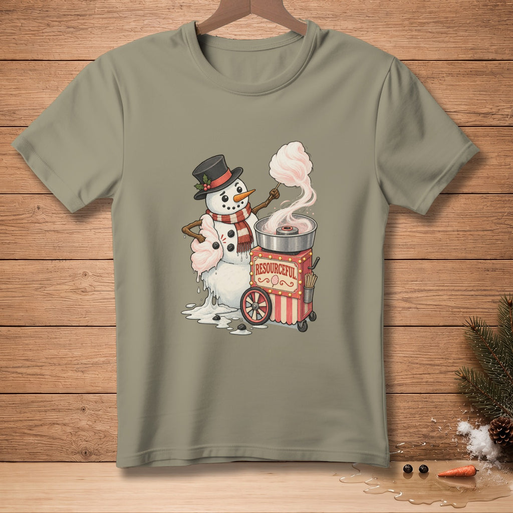 Snowman with top hat making cotton candy from a machine labeled "Resourceful".