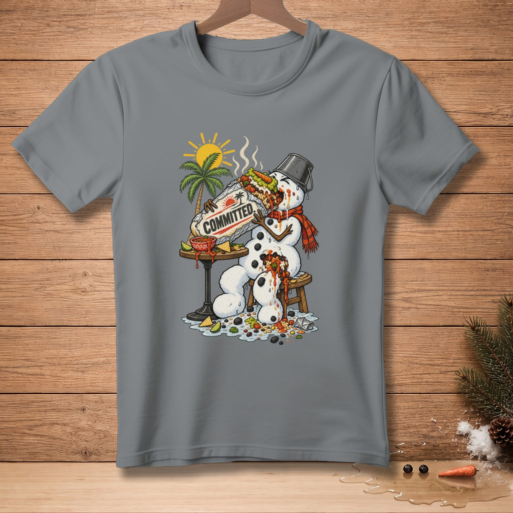 Melting snowman eating a burrito that says "COMMITTED".