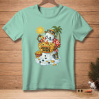 Melting snowman in Hawaiian shirt eating nachos from a bowl with text "Double Down".