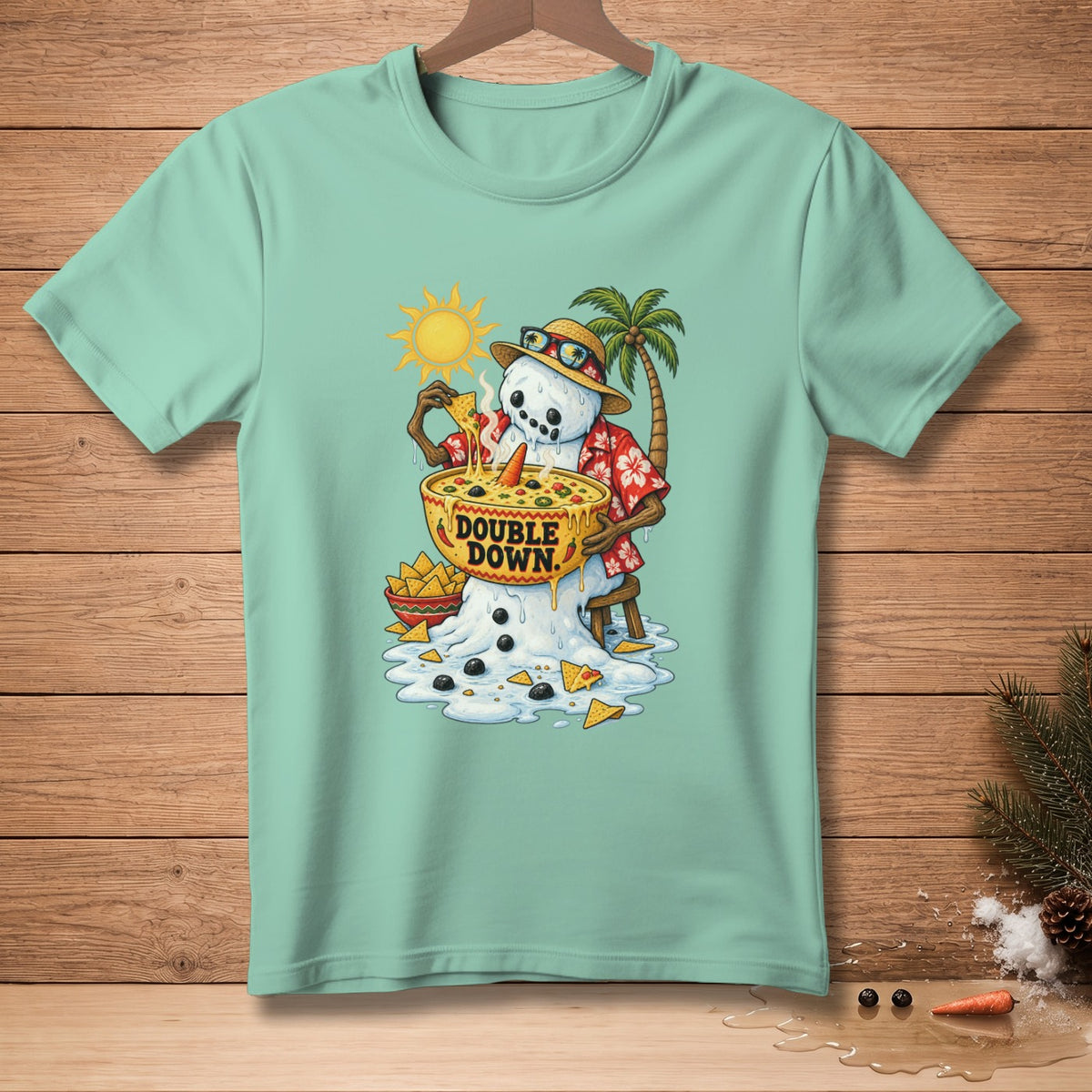 Melting snowman in Hawaiian shirt eating nachos from a bowl with text "Double Down".