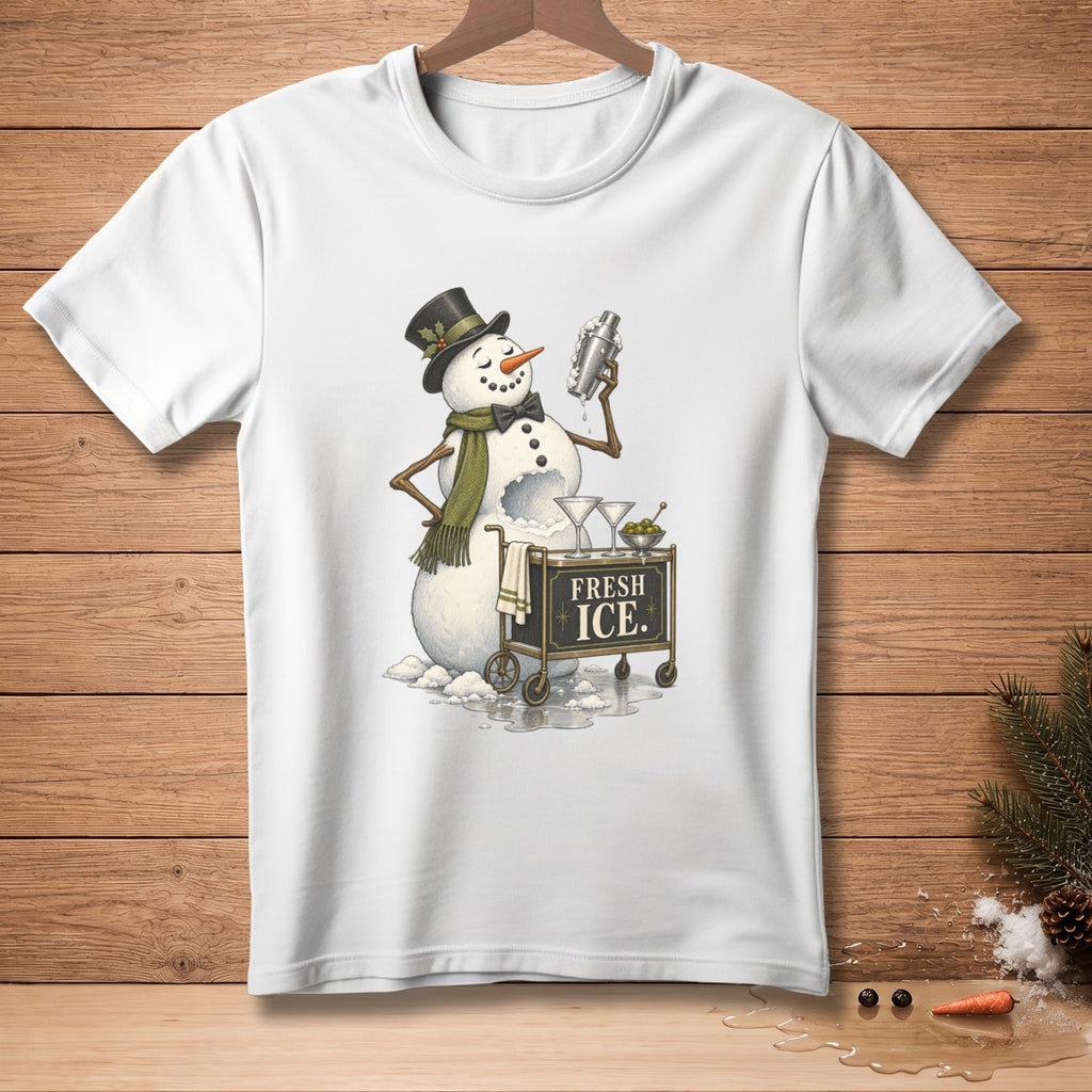 Snowman in top hat and scarf holds cocktail shaker next to cart with text "FRESH ICE."