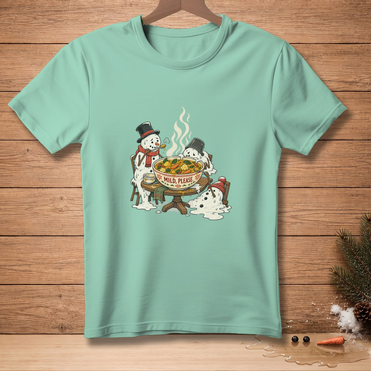 Snowmen melt around a table while eating stew that says "Mild, Please."