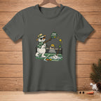 Snowmen playing pickleball with "Dink Responsibly" text on a dark gray t-shirt.