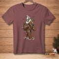 Bigfoot carrying a melting snowman on his shoulders, with a backpack and walking stick.