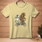 Bigfoot and melting snowman on tandem bike with text "I'M HELPING".