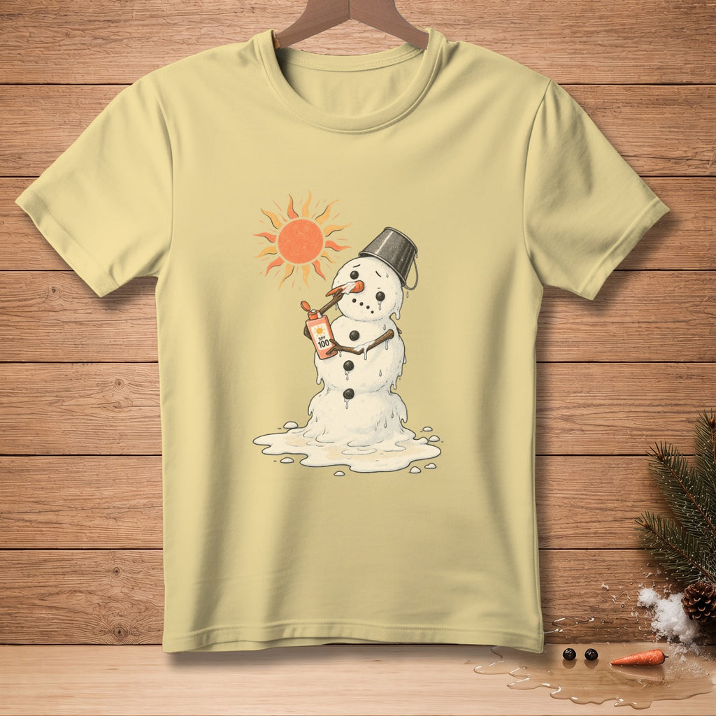 Melting snowman with a sun and SPF 100 sunscreen bottle on a light yellow t-shirt.