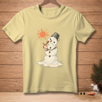 Melting snowman with a sun and SPF 100 sunscreen bottle on a light yellow t-shirt.