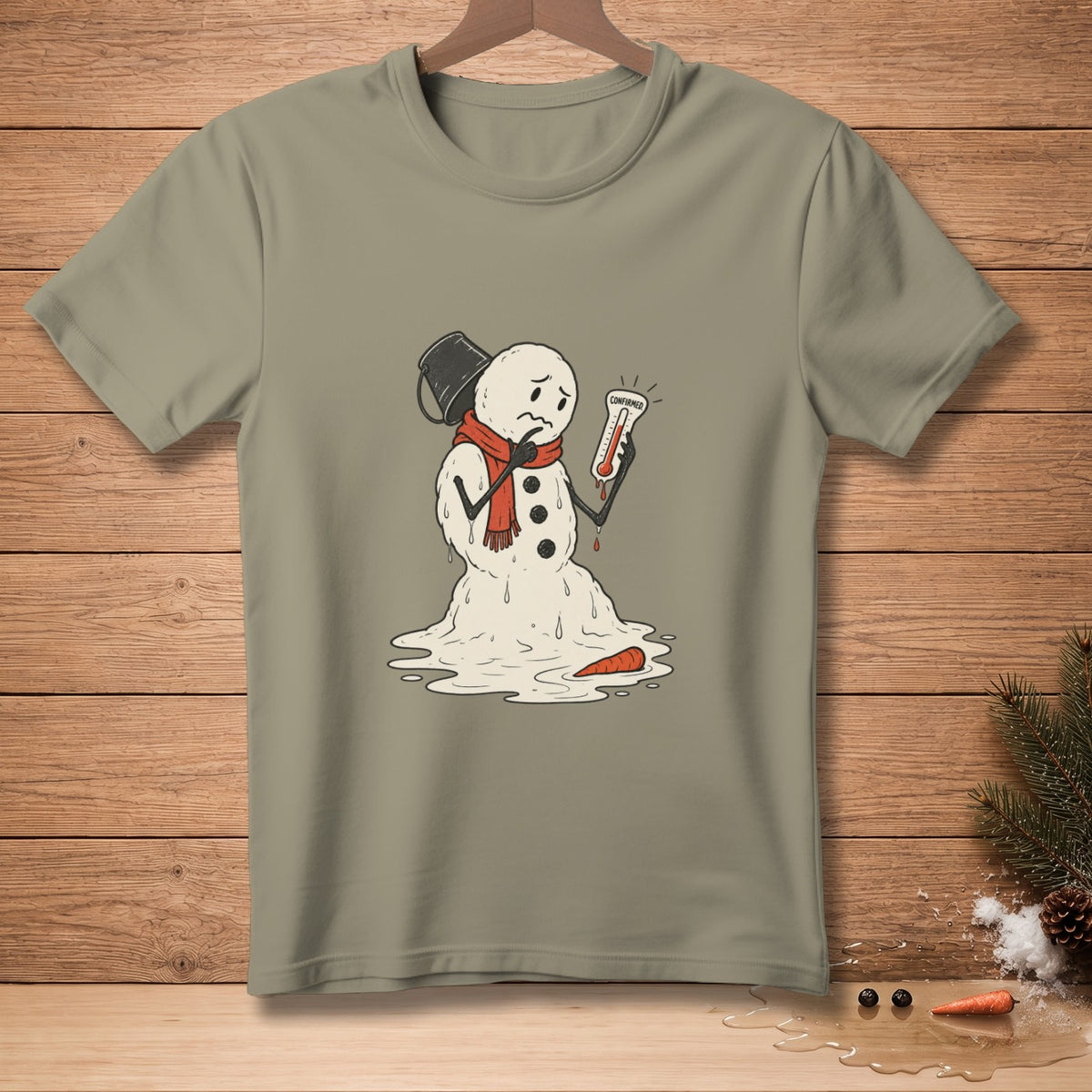 Melting snowman with thermometer reading "Confirmed" on a t-shirt.