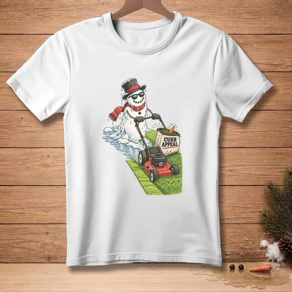 Snowman wearing hat and sunglasses mows lawn with text "CURB APPEAL".