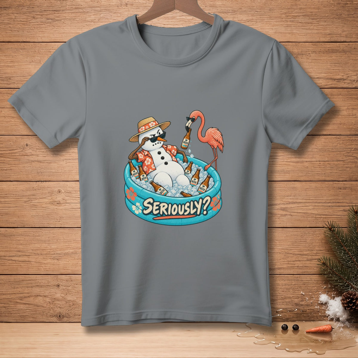 Snowman in kiddie pool with beer bottles and flamingo, says "Seriously?".