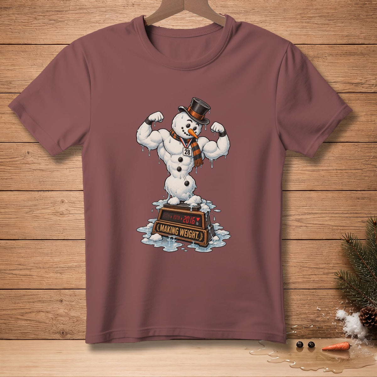 Muscular snowman in a top hat and scarf flexing on a scale labeled "Making Weight".