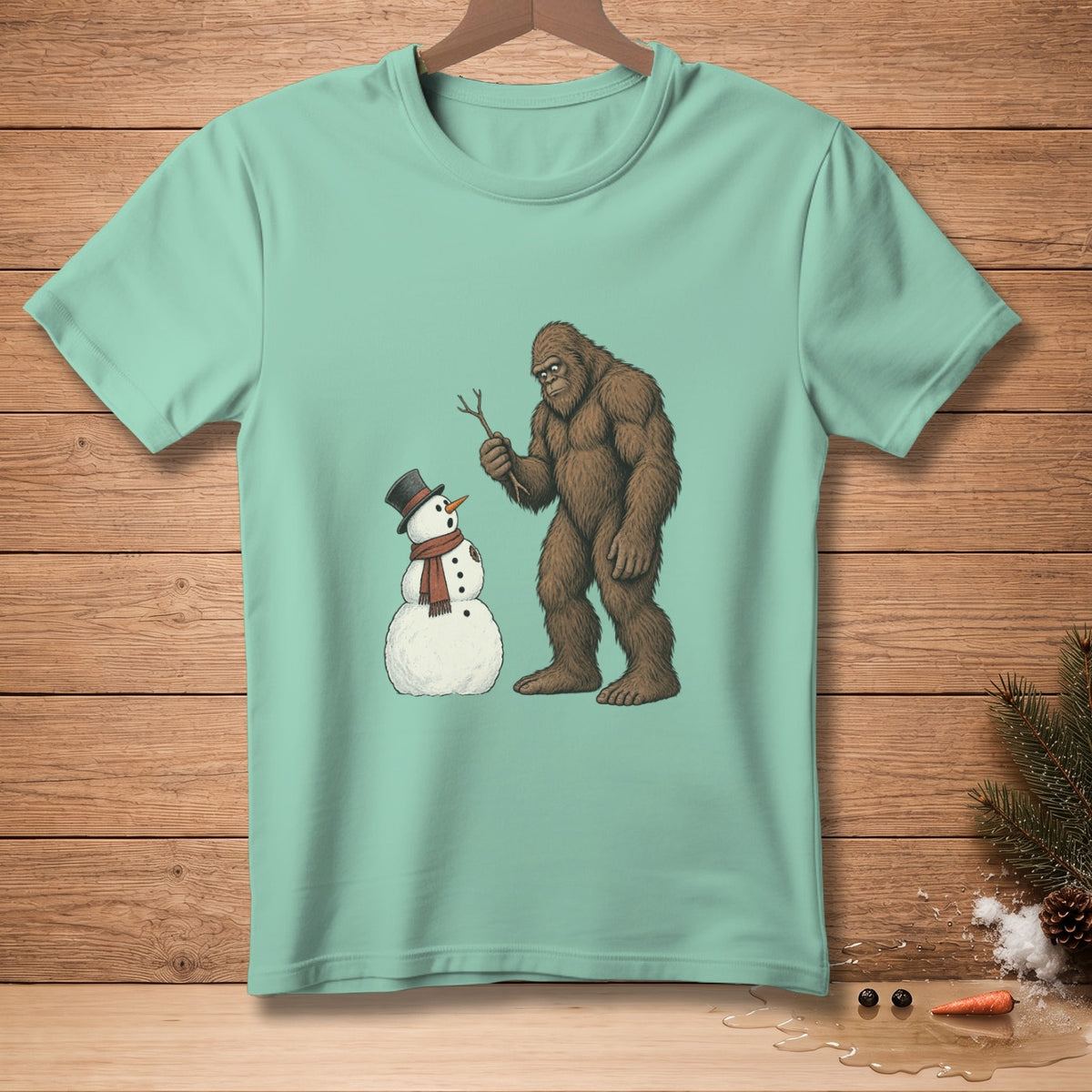 Bigfoot holds a stick, looking at a snowman wearing a hat and scarf.