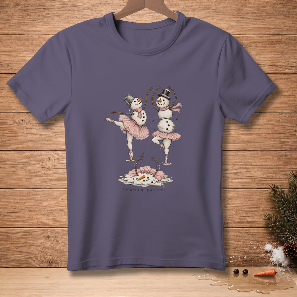 T-shirt with dancing snowmen in tutus and hats, text "Swan Lake".