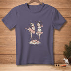 T-shirt with dancing snowmen in tutus and hats, text "Swan Lake".