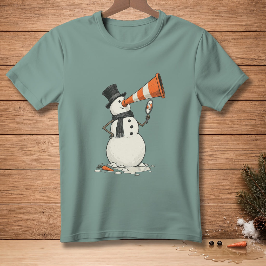 Snowman wearing top hat and scarf looks in mirror while holding traffic cone.