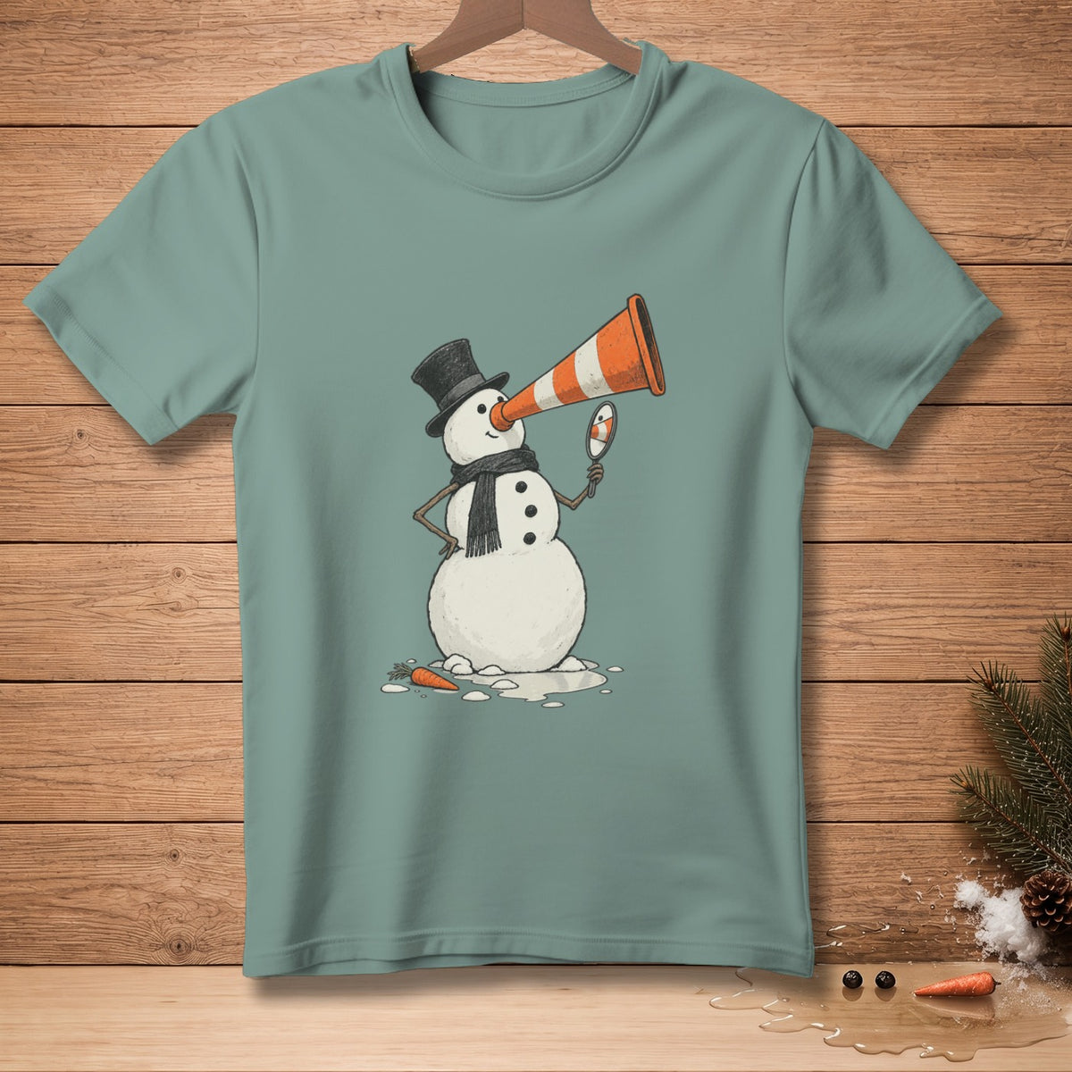 Snowman wearing top hat and scarf looks in mirror while holding traffic cone.