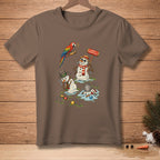 Melting snowmen play a competitive game of croquet as a parrot watches.