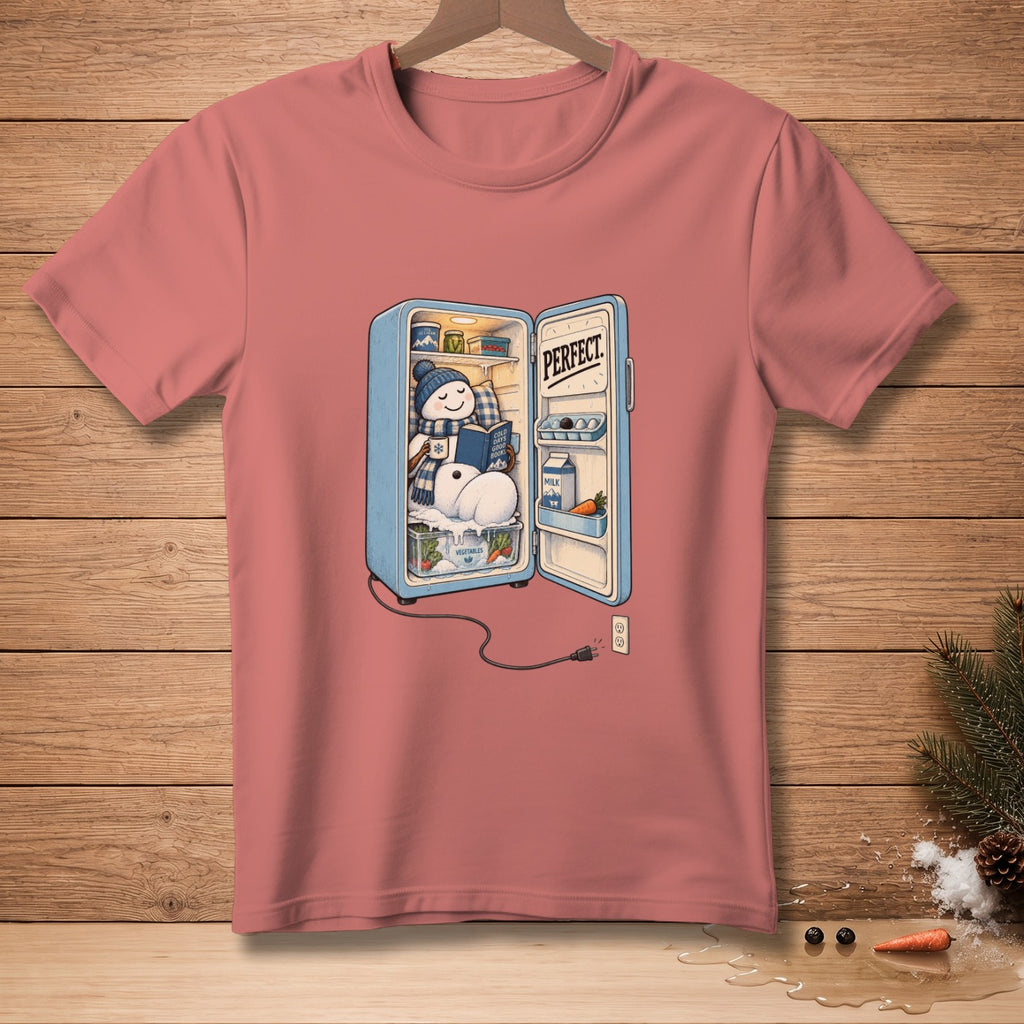Snowman reading in a refrigerator with "PERFECT" text on the door.
