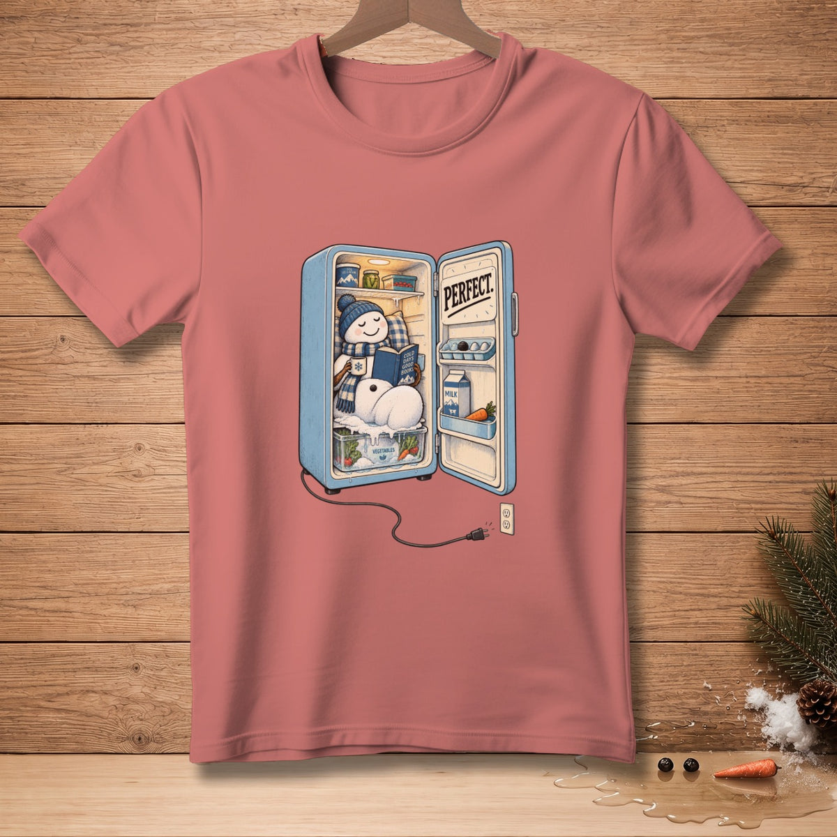 Snowman reading in a refrigerator with "PERFECT" text on the door.