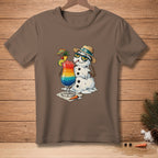 Melting snowman in sunglasses with a layered tropical drink, text "LAYERED" on shirt.