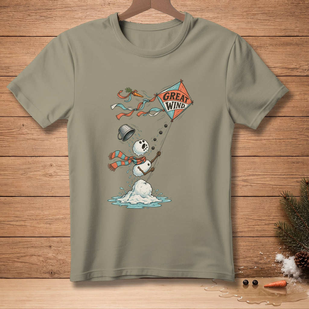 Melting snowman flying a kite that says "Great Wind," with carrot and scarf.