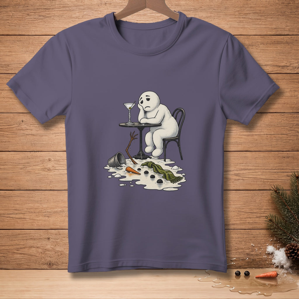 Sad melting snowman sits at a table with a drink, a sad winter scene.