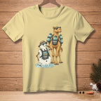 Camel and melting snowman wearing hydration packs with "HYDRATE" text.