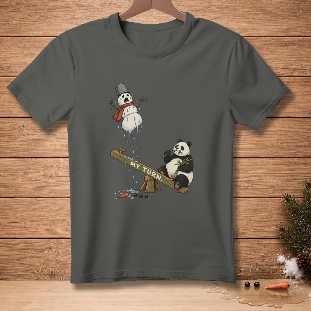 A melting snowman and panda on a seesaw with the text "MY TURN."