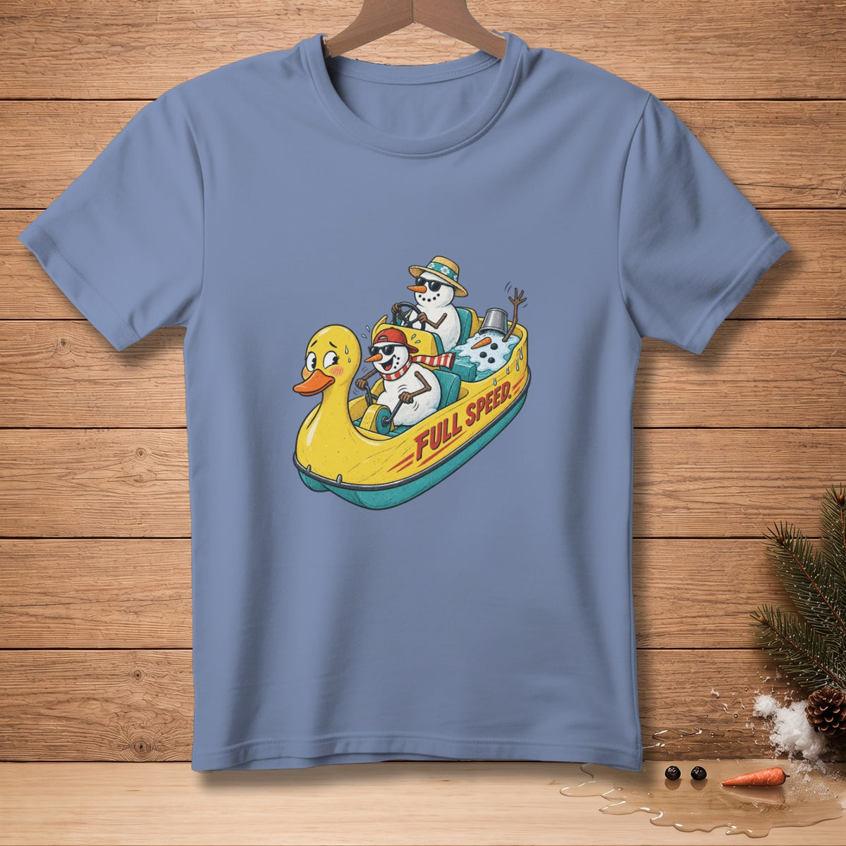 Two snowmen in a yellow duck-shaped boat with "FULL SPEED" text.