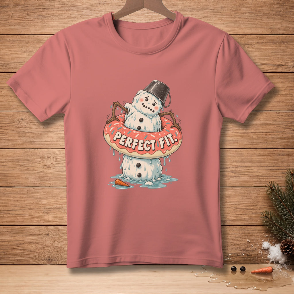 Snowman melting in donut float with text "PERFECT FIT." on t-shirt.