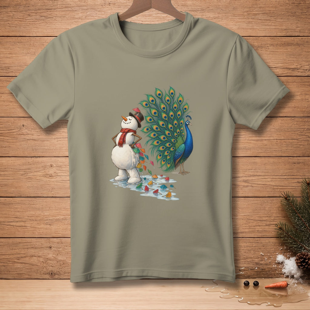 Snowman with peacock tail and small umbrellas on a tan t-shirt.