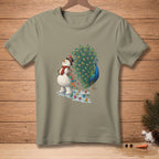 Snowman with peacock tail and small umbrellas on a tan t-shirt.