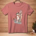 Snowman with sunglasses and scarf holding surfboard with text "Chasing Summer".