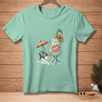 Mint t-shirt with melting snowman, cocktail, and "Happy Hour" text.