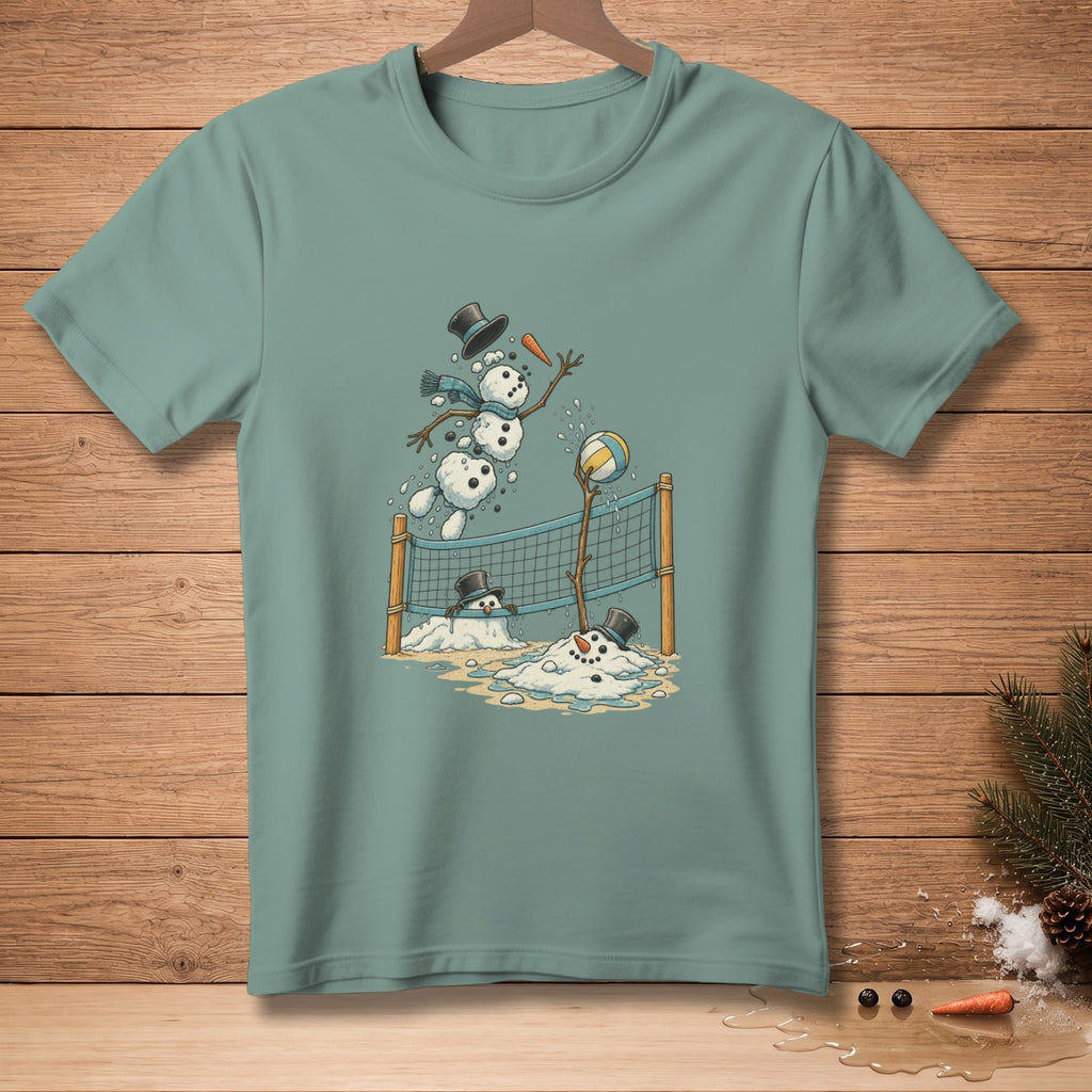 Cartoon snowmen playing volleyball in the sand with a net.