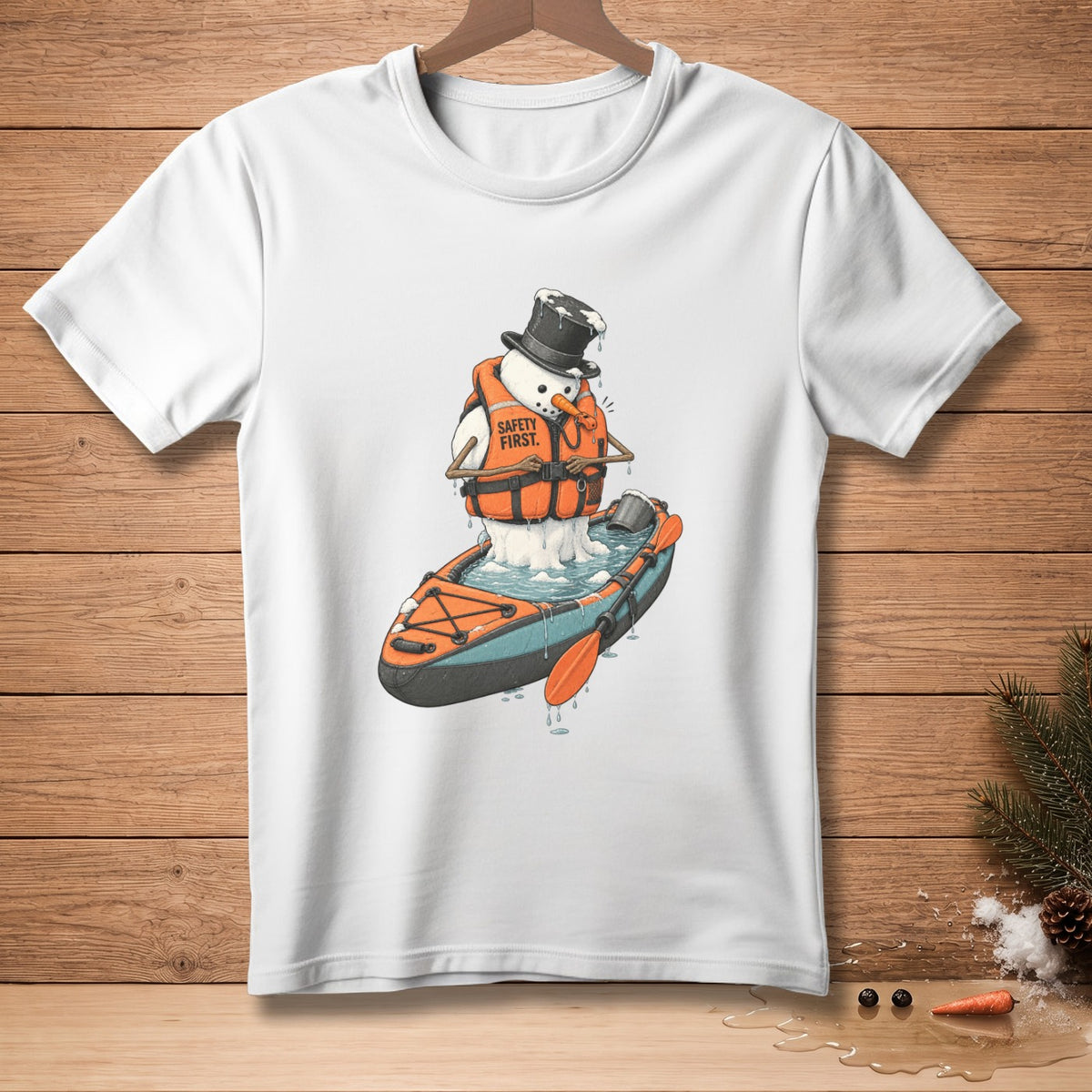 Snowman in a kayak wearing a life vest with "SAFETY FIRST." text.